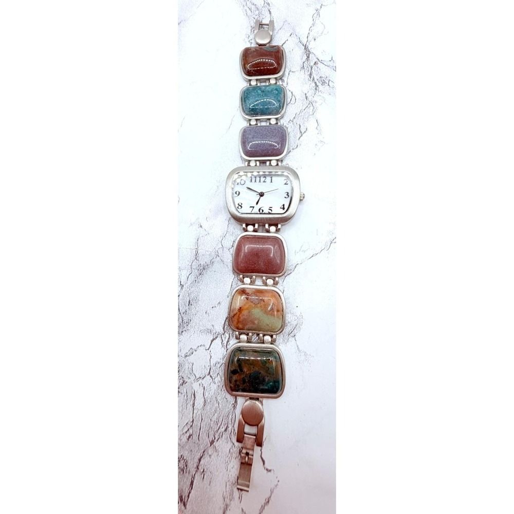 Coldwater Creek Natural Stone Bracelet Watch Multicolor Silver Tone 7"